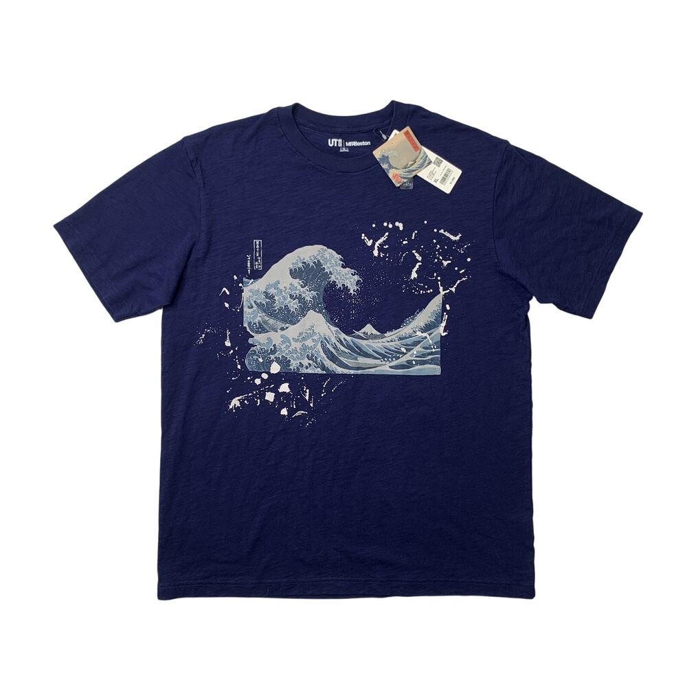 Uniqlo T Shirt Mens L (JP XL) Navy Archive Ukiyo-e Mt Fuji Tsunami Wave Tee